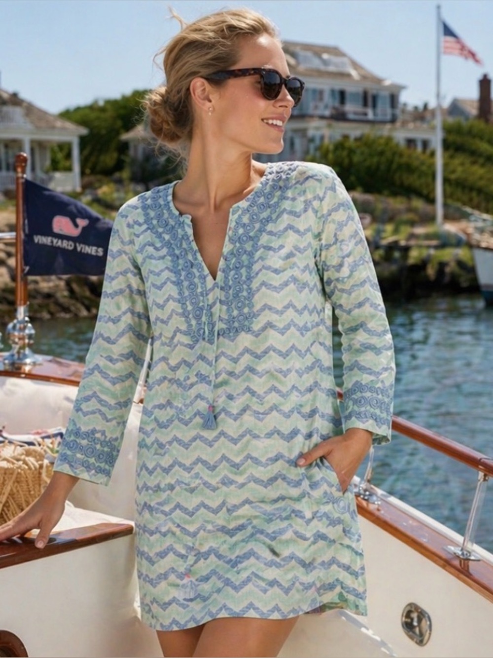 Vineyard Vines Chevron Tunic Beach Cover-Up | Embroidered Detail, Size Small🩵🌊